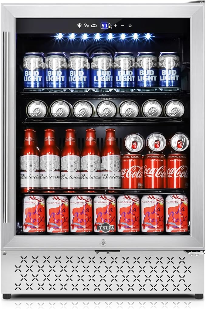 Tylza 24 Inch Beverage Refrigerator, 190 Can Capacity, Glass Door, Advanced