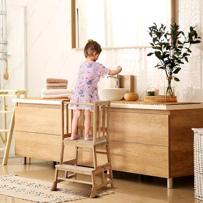 COSYLAND Toddler Standing Tower with Stabilizing Legs - Bamboo Kids Kitchen Step Stool for Learning Cooking - Stable Nursery Standing Stool for Kitchen Island, Bathroom (Natural)