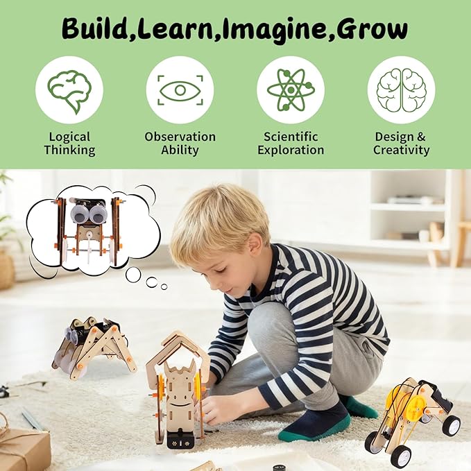 3-in-1 Robot Toys STEM Kits for Kids Ages 8-12 Build Wooden 3D Puzzle Robots Rope-Climbing, Roller & Walking Robot Model DIY Science Projects Crafts Gifts for Boys & Girls 6 7 8 9 10 Year Old