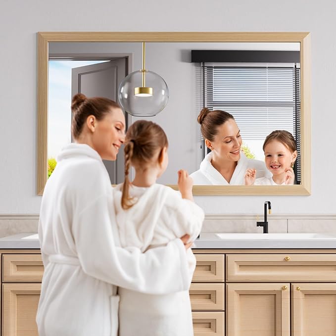 Amorho Bathroom Mirror, 60 X36 Inch Wall Mirror, Oak Wood Grain Metal Framed