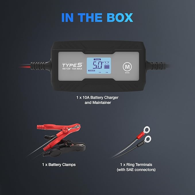 Type S 10A Smart Battery Charger & Maintainer, 6V & 12V Fully Automatic Trickle