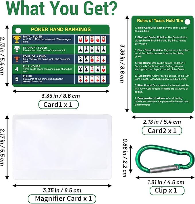 1-Pack (2 Cards) Poker Hand Rankings Cards Set with Magnifier & Clip, Texas Hold'em Cheat Sheet & Rules Guide, Sturdy Poker Chart for Beginners, Pros, Poker Night