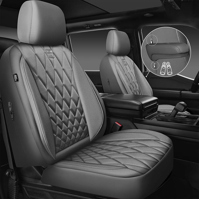 CAR PASS Piping Luxury Leather Seat Covers Full Set,5 Seats Anti-Slip Waterproof Seat Covers Compatible with Front Armrests,Universal Fit for Sendans, Suvs,Vans,Trucks,Airbag Compatible,Pure Gray