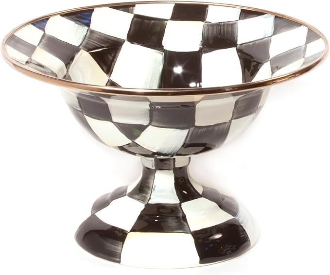MACKENZIE-CHILDS Enamel Compote, Cute Enamel Pedestal Serving Dish or Decorative Bowl, Small, Black-and-White Courtly Check
