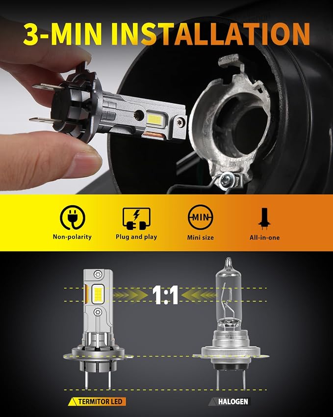 Termitor H7 Light Bulbs, 40000LM 900% Super Bright, 6500K Cool White, Real 1:1 Halogen Mini Size H7 H7LL Fog Light bulb, Plug and Play, Pack of 2