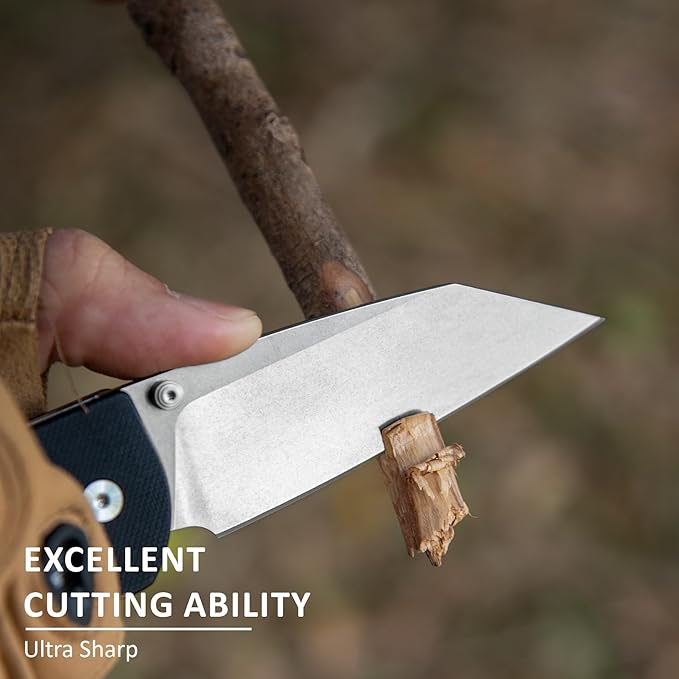 Pocket Folding Knife - 3.39" D2 Sheepsfoot Blade Stonewashed Finish - G10 Handle with Thumb Stud - EDC Knife for Men Women - Camping Hiking Survival Prepper