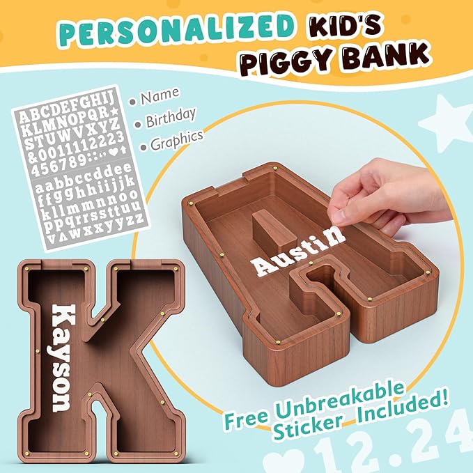Summidate Wooden Letter Piggy Bank, Extra Thick Large Capacity Piggy Bank for Kids Boys Girls Toddler, Alphabet K Money Bank| Coin Box Birthday, Christmas, Festival