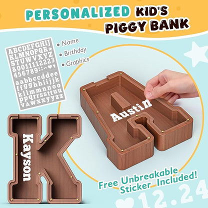 Summidate Wooden Letter Piggy Bank, Extra Thick Large Capacity Piggy Bank for Kids Boys Girls Toddler, Alphabet K Money Bank| Coin Box Birthday, Christmas, Festival