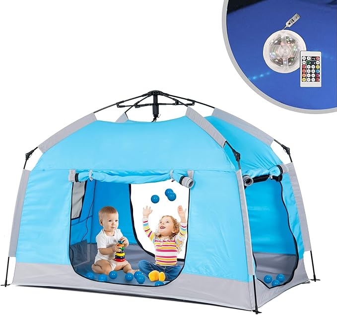Easy Set Up Kids Playhouse with Nice LED Light Strip and 3 Large Opens,Portable Children Play Tent & Privacy Room for Indoor & Outdoor Games with Carry Bag-Free Space for Toddlers-Birthday Gifts