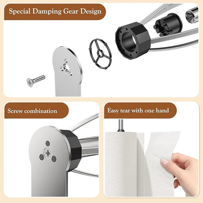 Paper Towel Holder Under Cabinet + Towel Robe Hooks, Single Hand Operable Under
