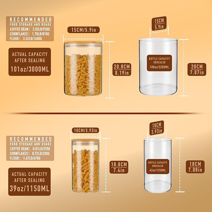 108oz 42oz Straight cylindrical Airtight Storage Jars with Bamboo Lid Set of 2 Large Storage Container Gallon Glass Jars, for Flour, Pasta and Coffee bean (with Black Lable)