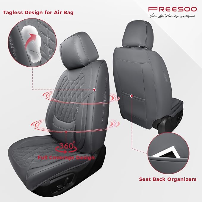 FREESOO Gray Car Seat Cover Full Set - Faux Nappa Leather Seat Covers for Cars, Luxury Breathable Waterproof Front Seats Cushion Protectors with Lumbar Support, Universal Fit for Sedans SUVs Pickups