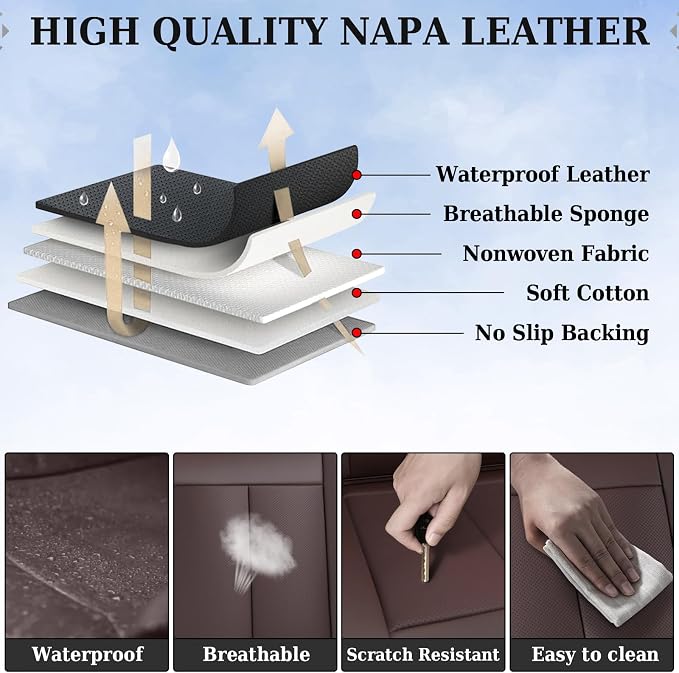 Coverado Rear Seat Covers for Cars, Brown Back Seat Protector, Back Seat Cover for Kids, 3-Pieces Waterproof Car Seat Cushion Nappa Leather Seat Cover for Back Seat Universal Fit for Most Cars