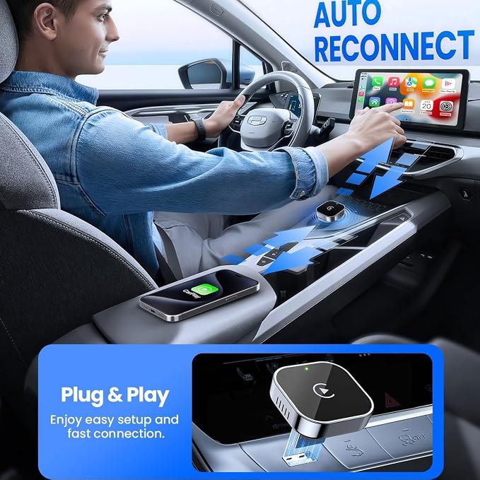 2 in 1 CarPlay Adapter for Macan S GTS Turbo T, CarPlay Wireless Adapter with Auto Reconnect Fast Pairing Bluetooth Connection Compact USB Dongle,A/Silver-Side Heat Dissipation