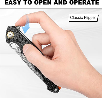 Damascus Pocket Knife for Men Women, 3.35" VG10 Core Damascus Steel Blade Folding Knives with Black Aluminum Handle, EDC Camping Knife