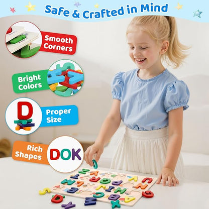 Alphabet Puzzle Wooden Puzzles for Toddlers 3 4 5 Year Old, ABC Shape Learning Toddler Toys with Board & Letter Blocks, Preschool Educational Toys for Girls Boys, Pattern Alphabet