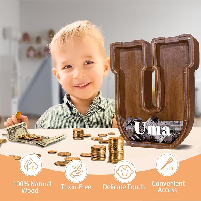 Personalized Wooden Letter Piggy Bank for Kids Larger Letter Piggy Bank for Boys and Girls Initial Coin Bank Customized Piggy Bank Perfect Wood Kids Money Bank for Birthday and Festival