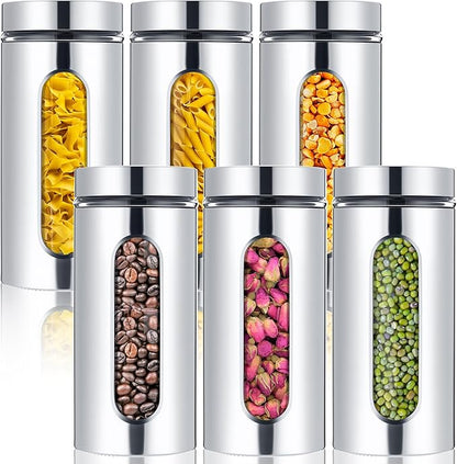 Mimorou 6 Pack Kitchen Canisters Set Airtight Coffee Sugar Tea Candy Storage Jars with Window Glass Stainless Steel Containers with Lids for Flour Cookies Spices Grains Kitchen Decorations(44 oz)