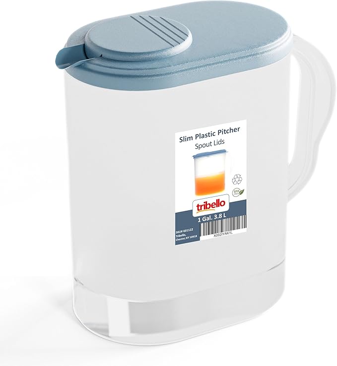 Tribello Pitcher with Lid 1 Gallon, Slim Clear Plastic Water Pitcher with