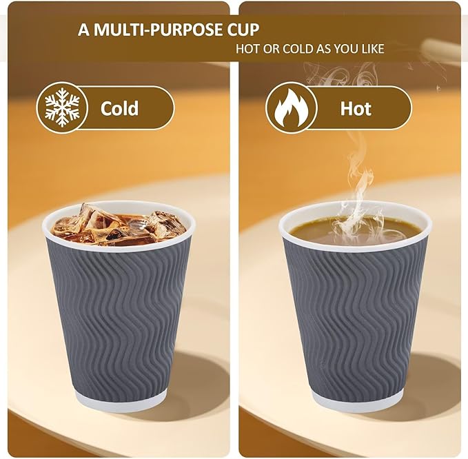500 Pack Coffee Cups with Lids 12oz, Disposable Insulated Ripple Wall To Go Paper Coffee Cups for Hot/Cold Drinks Office Home Shop Event (Grey)