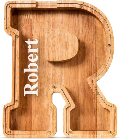Summidate Customized Name Large Wooden Piggy Bank for Kids Boys Girls Alphabets Letter A-Z Coins Bills Money Change Bank Box Initial on Clear Cover (Laser Engraved) (Alphabet-R, Personalized-9")