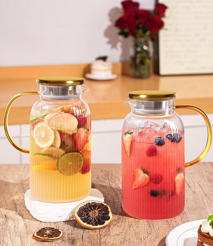 2 PACK Glass Pitcher with Lid 64 oz, Classic Vertical Stripes Pitcher with Lid