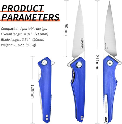 Qingluan Folding Knife with Pocket Clip, D2 Steel Blade 3.54'' and G10 Handle Outdoor Adventure knife EDC Camping Knife (Blue)
