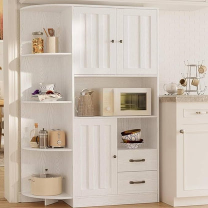 Gizoon 60.4" Pantry Cabinet with Coffee Bar, Tall Kitchen Pantry Storage Cabinet with Microwave Stand and 2 Drawers, Farmhouse Hutch with 4 Open Tiers for Dining Room and Kitchen Organization, White