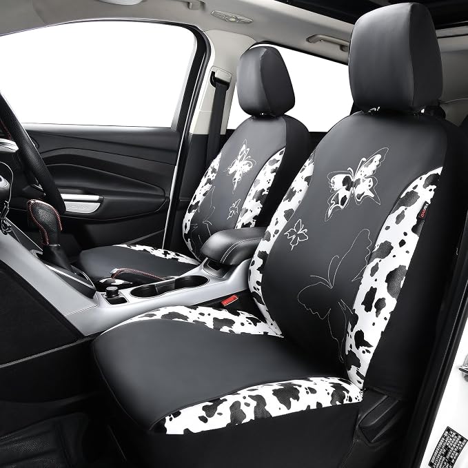 Flying Banner Butterfly car seat Covers ful Set Fashion Universal Lady Woman Female Rear Bench Split Colorized (Full Set - Faux Leather, Cow Print)