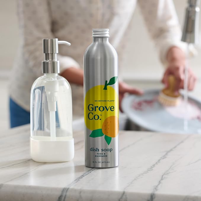 Grove Co. Dish Soap Refills, 3 x 16 fl oz Refills, Yuzu & Mandarin | Plastic-Free; Removes Stuck on Food; USDA Biobased; 98% plant-based ingredients; Natural Fragrance