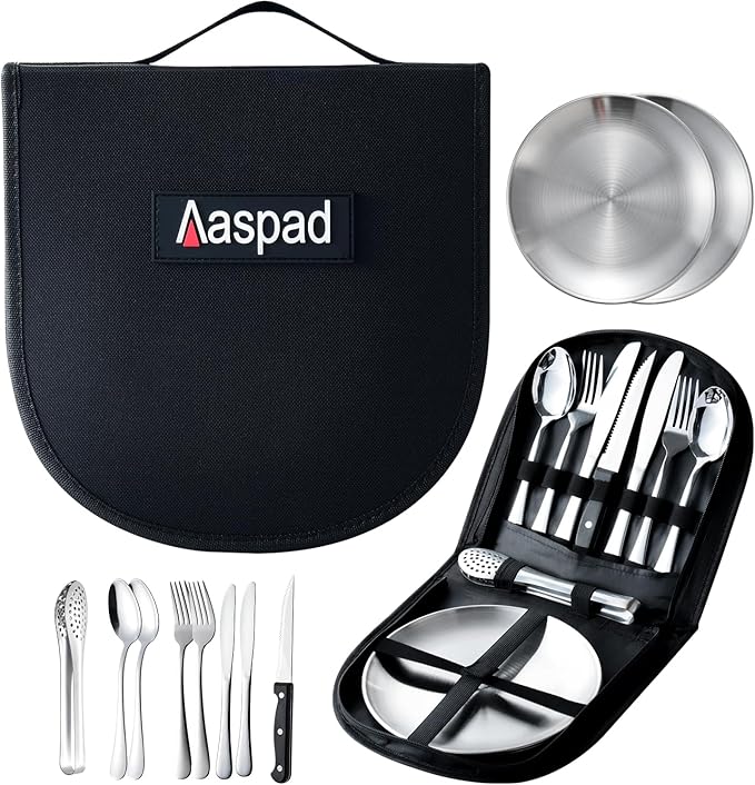 Picnic Cutlery Kit with Portable Case Camping Essentials Silverware Set Travel Utensils Outdoor Tableware Stainless Steel Flatware with Forks,Spoons,Serrated Knife,Food Clip,Plates (Sliver)
