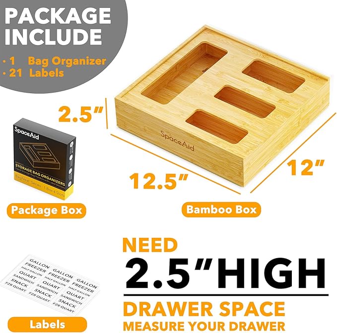 SpaceAid Bag Storage Organizer for Kitchen Drawer, Bamboo Organizer, Compatible