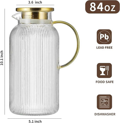 Buaic Glass Pitcher with Lid, 84oz/2.5 Liter Classic Vertical Stripes Water