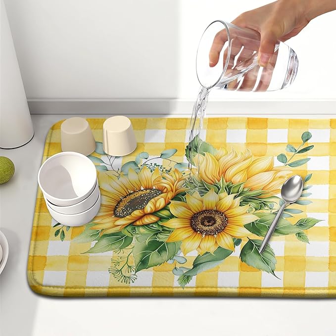 Spring Summer Dish Drying Mat 16x18 Inch Absorbent Reversible Sunflower Drying