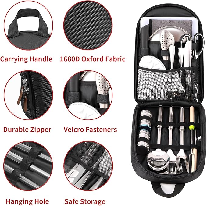 Portable Camping Kitchen Utensil Set-27 Piece Cookware Kit, Stainless Steel Outdoor Cooking and Grilling Utensil Organizer Travel Set Perfect for Travel, Picnics, RVs, Camping, BBQs, Parties and More