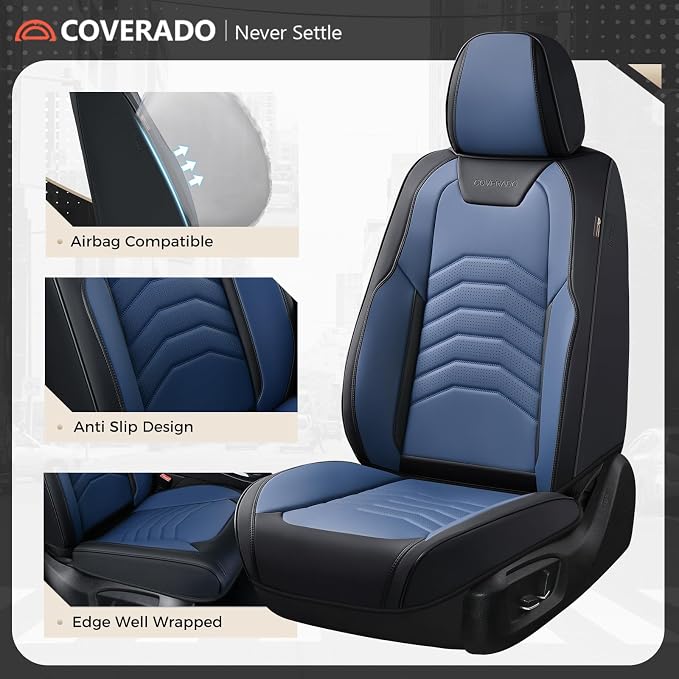 Coverado Leather Seat Covers, Car Seat Covers Front Seats, Waterproof Seat Covers for Cars, Faux Leather Automotive Seat Covers Universal Seat Covers Protector Fit for Most Cars Trucks SUV, Black&Blue