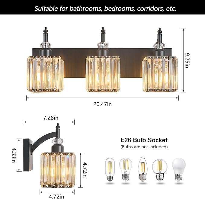 BBLLWJ Modern Bathroom Vanity Light 3-Light Black Crystal Light Fixtures Over