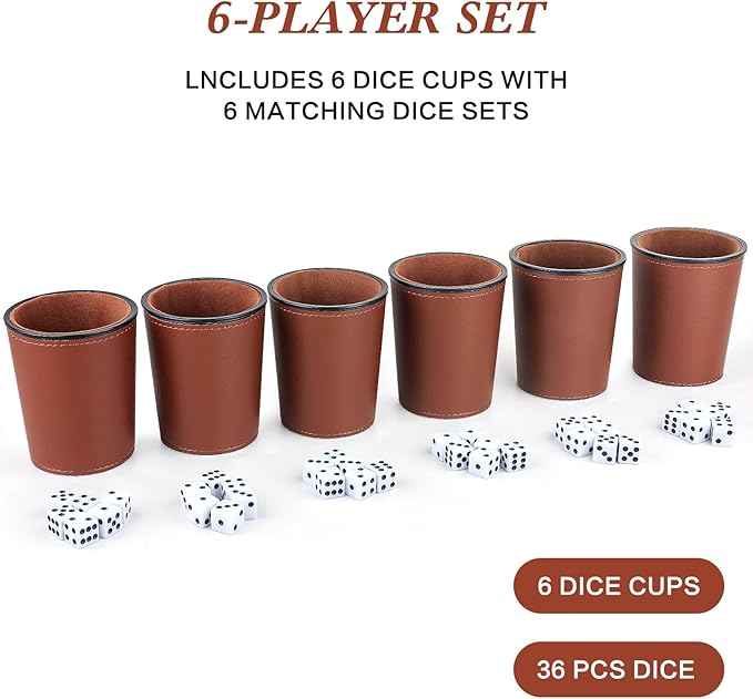 Felt-Lined PU Leather Dice Cup Set, 6 Quiet Shaker Cups With 36 Dice for Bar Party Yahtzee Farkle Games, Dark Brown