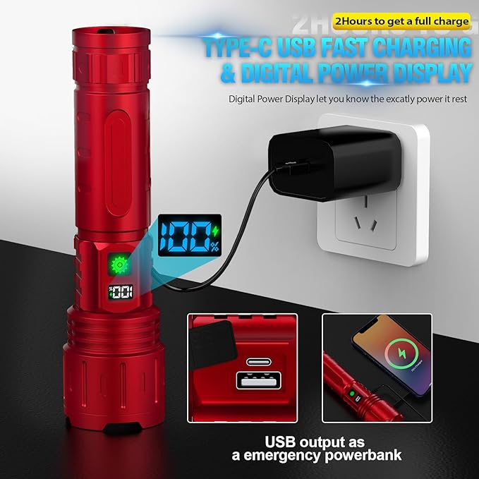 Flashlights High Lumens Rechargeable - 1500 Meters Long Beam Super Bright LED Flash Light with Power Display & IPX5 Waterproof for Camping, 20H Runtime,5 Modes,Zoomable Handheld Flashlight -Red
