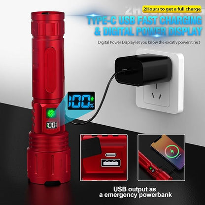 Flashlights High Lumens Rechargeable - 1500 Meters Long Beam Super Bright LED Flash Light with Power Display & IPX5 Waterproof for Camping, 20H Runtime,5 Modes,Zoomable Handheld Flashlight -Red