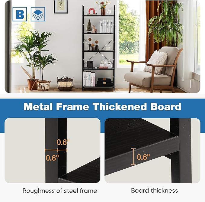 DUMOS 5 Tiers Bookshelf, Classical Book Shelf, Tall Display Shelves in Living