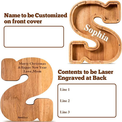 Summidate Customized Name Large Wooden Piggy Bank for Kids Boys Girls Alphabets Letter A-Z Coins Bills Money Change Bank Box Initial on Clear Cover (Laser Engraved) (Alphabet-S, Personalized-9")