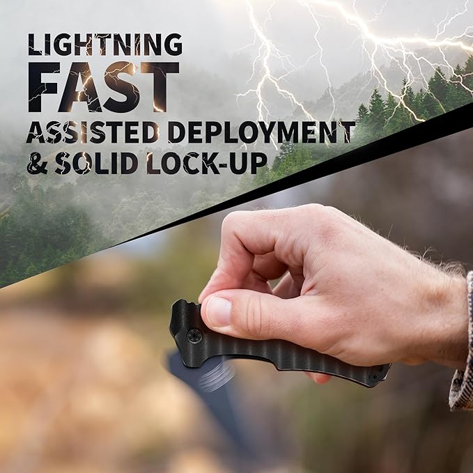 Off-Grid Knives - Rapid Fire Blackout - Large Folding Knife for Camping & EDC, Cryogenic D2 Blade Steel, Titanium Nitride Coating with G10 Scales & Deep Carry Clip