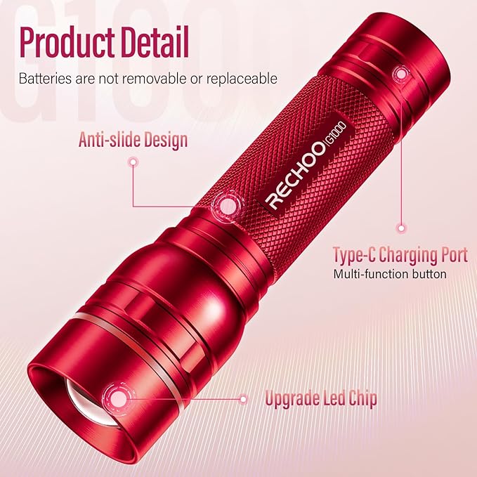 RECHOO Rechargeable Flashlights High Lumens, G1000 Super Bright Flash Light, Small Zoomable LED Flashlight with 3 Lighting Modes, Portable Tactical Flashlight, Gift for Women(Battery Included)-Red