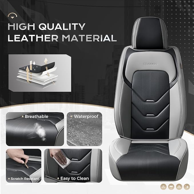Coverado Car Seat Covers, Front Seat Cover for Car, Waterproof Leather Car Seat Protector, Gray&Black Seat Covers Front Seat, Universal Car Seat Cushion Automotive Seat Covers Fit for Most Vehicles