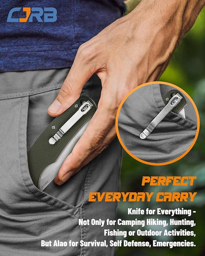 CJRB Crag Tactical Knife, Cleaver Pocket Folding Knife with Stonewash AR-RPM9 Steel Blade and G10 Handle for Men Outdoor, Survival, Camping and EDC (J1904R),Green