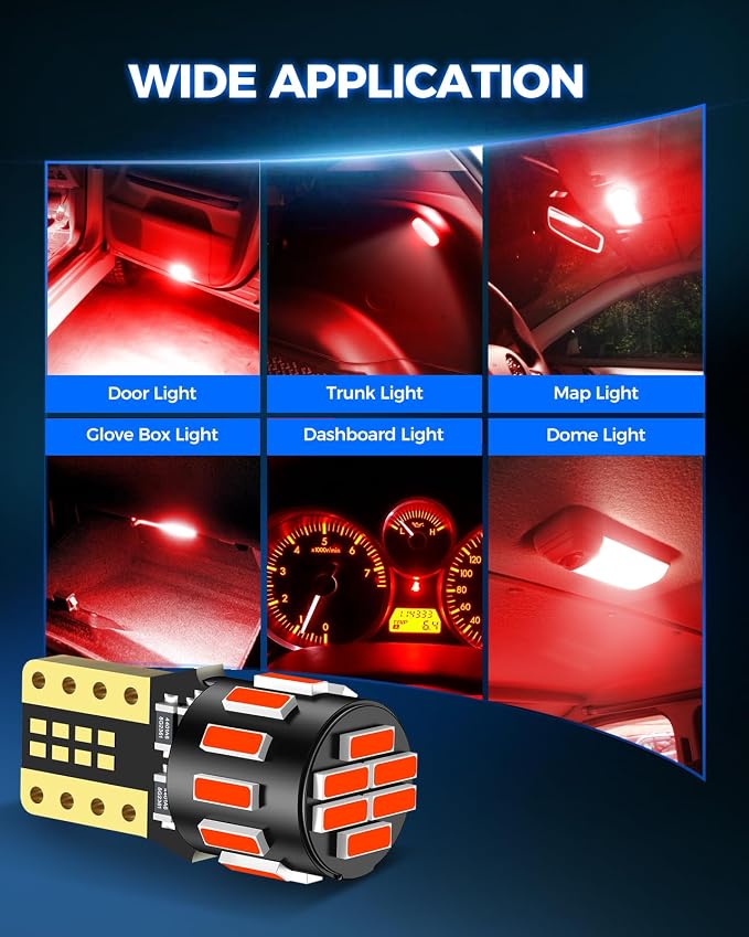 Marsauto 194 LED Bulb Red for Dome Map Light, 168 2825 W5W T10 Wedge Replacement Super Bright LED Light Bulbs for Car Courtesy Step Dash Side Marker Trunk Light (Pack of 10)