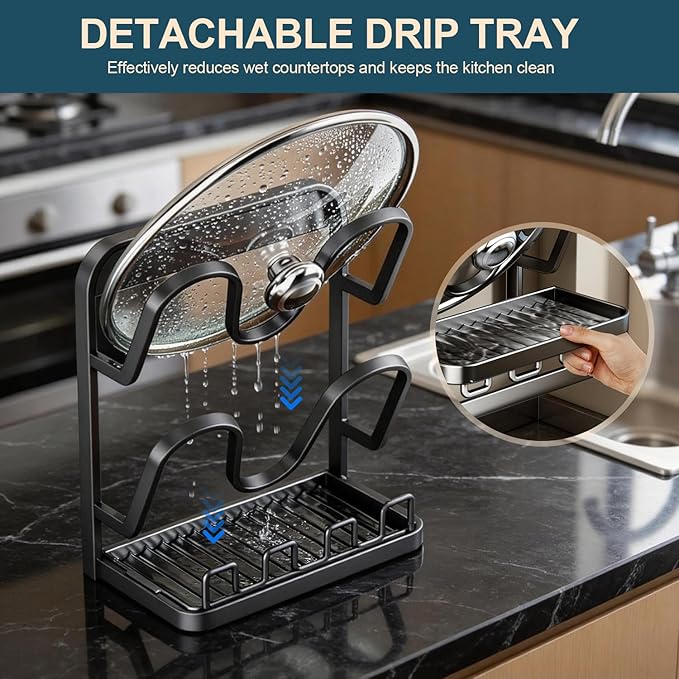 Kitchen Pot Lid Storage Rack: Carbon Steel Double-Layer Holder & Spoon Rest