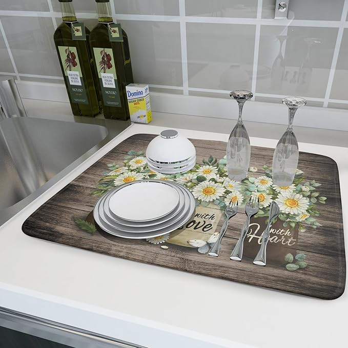 Flower Vase Dish Drying Mats 18×24 Inch Rustic Wood Reversible Microfiber