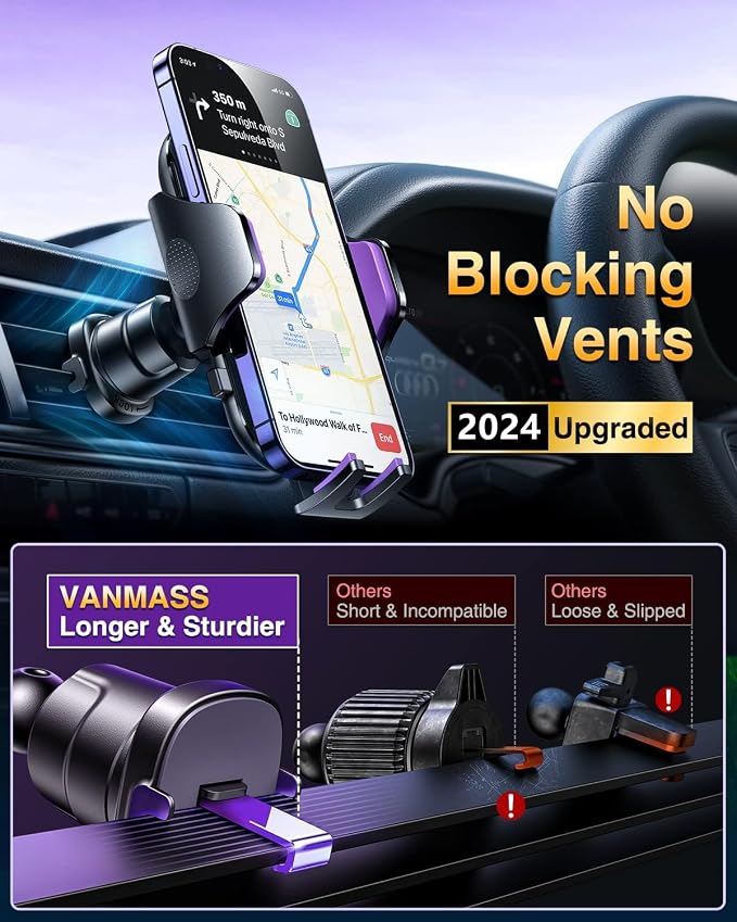 VANMASS [True Military-Grade] Car Phone Holder [Upgraded Suction & Clip] Cell Phone Mount for Dashboard Windshield Vent Truck Cradle Dash Stand for iPhone 16 Pro Max 15 14 13 12 Android, Purple